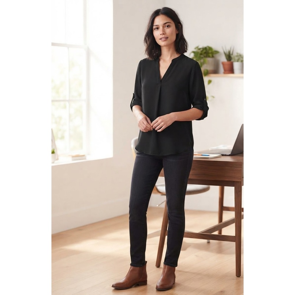 Lush Black V-Neck Roll Tab Sleeve Tunic Blouse Medium Pocket High Low Hem